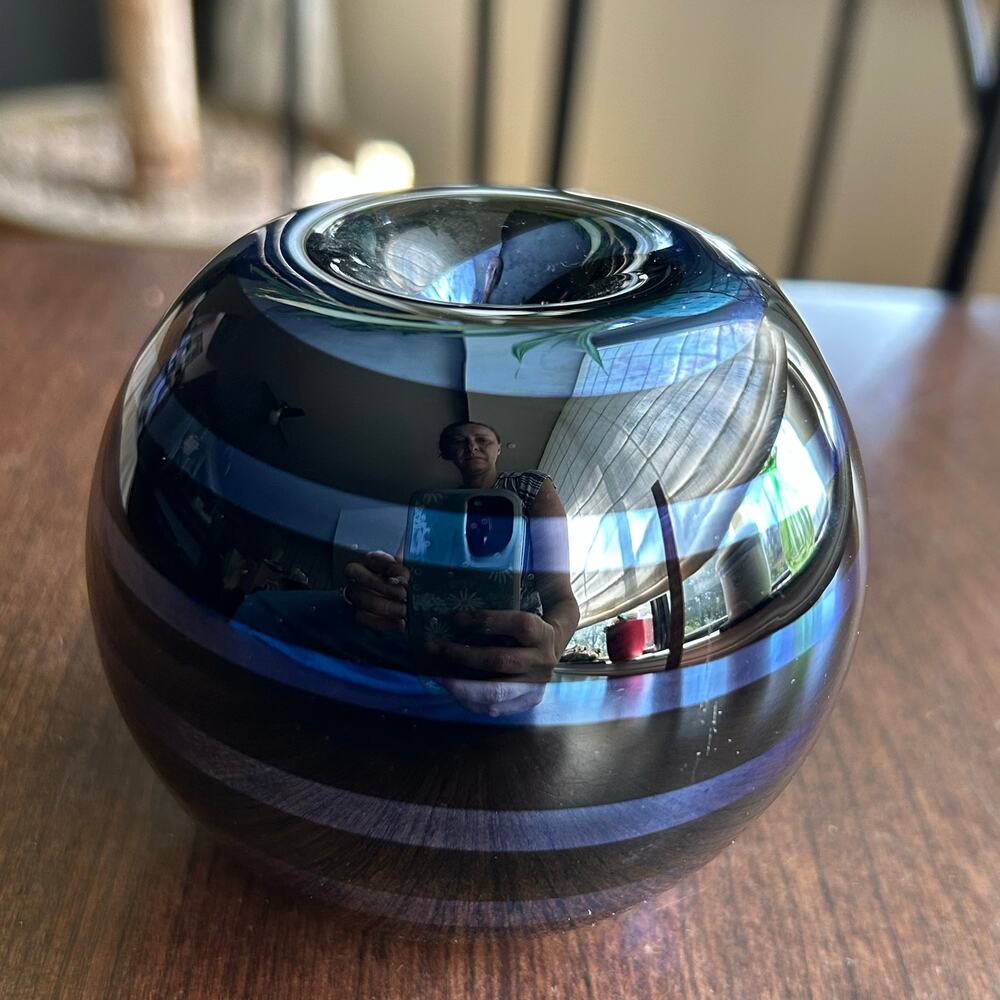 Orient & Flume 3" Iridescent Blue Black Swirl Art Glass Paperweight Pen Holder